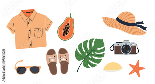 Collection of summer travel essentials including an orange shirt sunglasses camera sun hat sandals and tropical fruit.