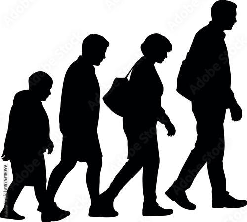 People walking silhouettes from child to adult, life progression concept, growth and development stages, everyday movement and generational change illustration