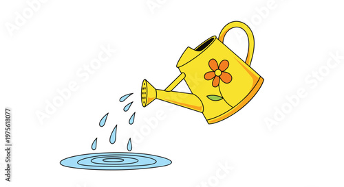 Classic yellow watering can with a flower design pouring water droplets into a rippling blue puddle on the ground.