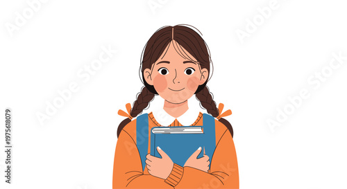 Portrait of a young schoolgirl with pigtails holding a blue book to her chest while wearing a blue backpack.