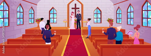 Church hall for wedding ceremony with the bride and groom, guests, Christian engagement, Chapel altar, wedding venue