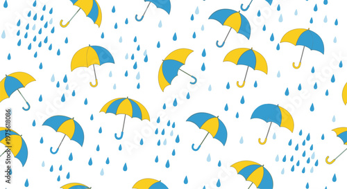 Cheerful seamless pattern of blue and yellow umbrellas and raindrops falling on a clean and bright white background.
