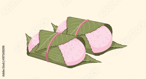 Two traditional Japanese sakura mochi pink rice cakes wrapped in green pickled cherry blossom leaves illustration.