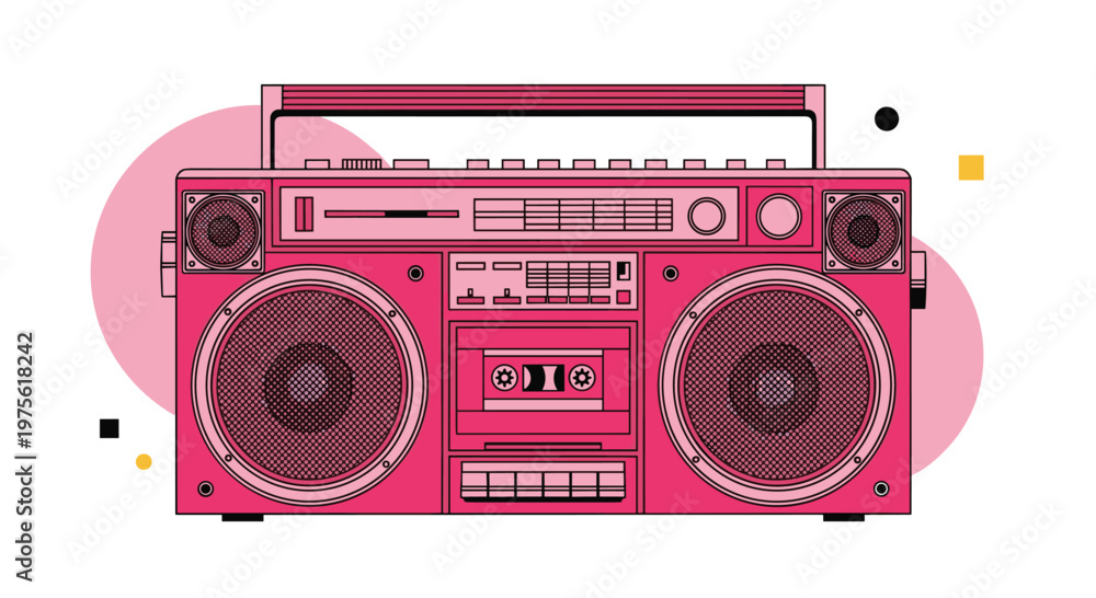 Fototapeta premium Retro pink boombox radio with dual speakers and cassette player deck isolated on a white background with colorful geometric shapes.