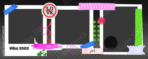 Y2K-inspired scrapbook collage featuring vintage photo frames, colorful tape strips, and torn paper textures ideal for retro design templates and creative memory albums.