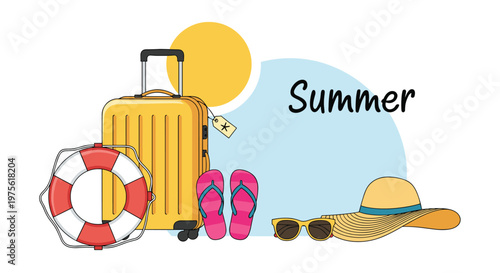 Summer vacation travel concept featuring a yellow suitcase, lifebuoy, flip flops, sun hat, and sunglasses on a blue background.