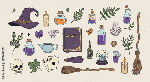 Large collection of mystical witchcraft items including magic books, potions, crystals, candles, and a purple wizard hat.