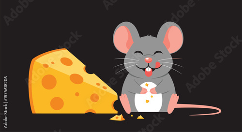 Adorable grey mouse sitting next to a massive wedge of yellow swiss cheese with holes while licking its lips on a dark background.