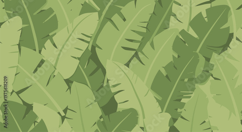 Vibrant seamless pattern of large green banana leaves overlapping each other to create a tropical jungle forest background.