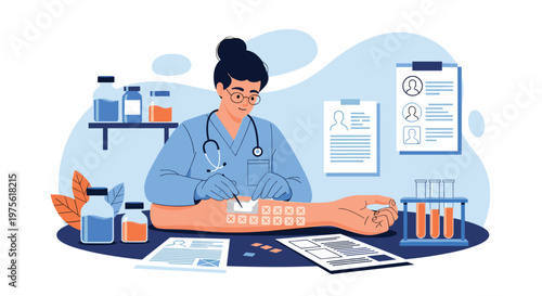 Professional allergist performing a skin prick test on a patient arm in a laboratory setting with test tubes and medical records.
