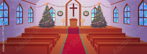 Church interior with an altar, cross, benches, and windows, decorated with fir trees and garlands.