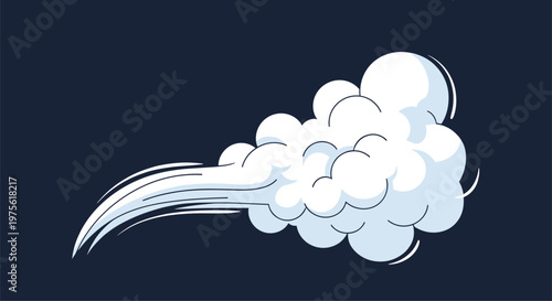 Stylized white wind puff or cloud graphic blowing quickly against a dark blue background to represent speed or weather motion.