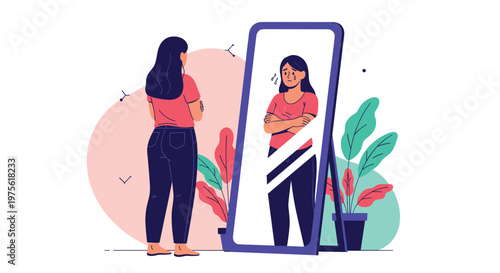 Young woman standing in front of a full length mirror looking at her reflection with an expression of sadness and insecurity.