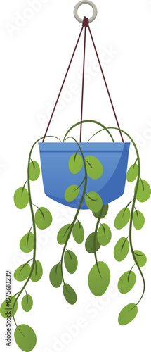 Green plants growing in hanging blue pot, vector flat houseplant hang on knitted rope, floral interior design element
