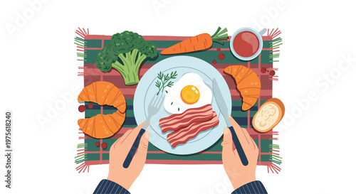 Top view of a balanced breakfast plate with a fried egg, bacon, broccoli, carrots, and croissants on a checkered placemat.