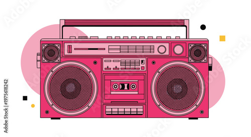 Retro pink boombox radio with dual speakers and cassette player deck isolated on a white background with colorful geometric shapes.