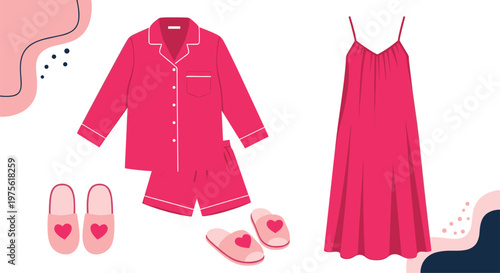 Collection of pink sleepwear for women including a long sleeve pajama set, a nightgown, and two pairs of matching slippers.