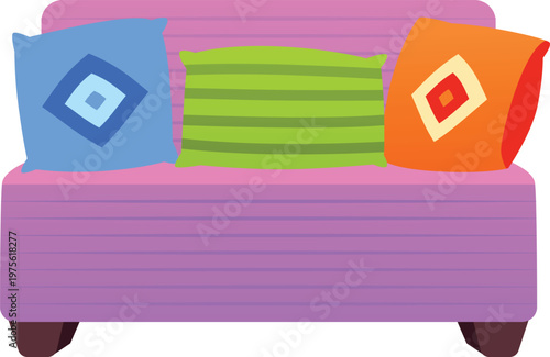 A purple striped sofa with bright decorative pillows in a Mexican style.