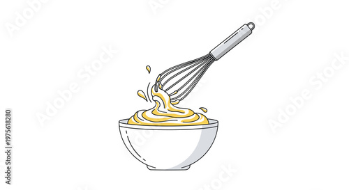 Metal whisk mixing creamy yellow batter or custard in a white ceramic bowl with small splashes for baking and cooking themes.