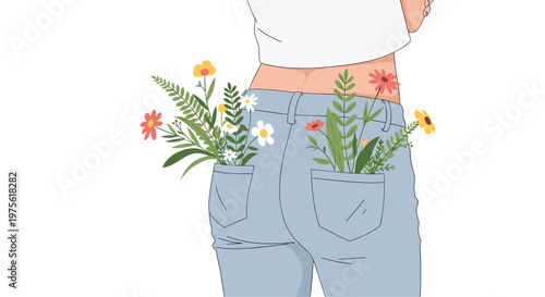 Person seen from behind wearing light blue denim jeans with various colorful wildflowers tucked into the back pockets.