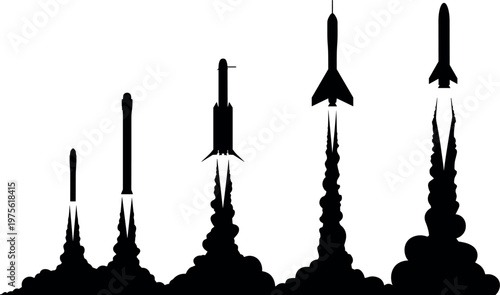 Rocket launch silhouettes progression showing liftoff stages, space mission concept, spacecraft takeoff, smoke trails, aerospace technology and exploration sequence illustration
