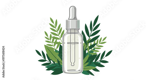 Essential oil glass dropper bottle surrounded by lush green leaves represents natural beauty products and organic skincare solutions.
