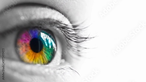 Close up of a colorful rainbow eye, selective color, visual art, creativity, LGBTQ pride, HD video loopable footage, seamless loop