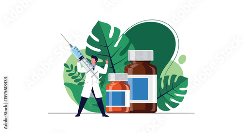 Professional doctor holding a large medical syringe stands next to medicine bottles and pill containers against a leafy backdrop.