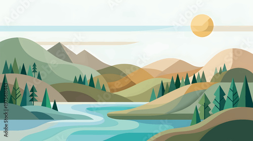 Adobe IlluFlat design landscape illustration with river, mountains, and forest in soft pastel colors for nature and travel conceptstrator Artwork