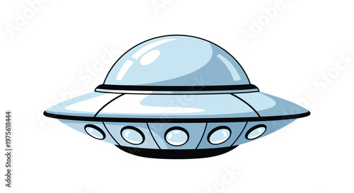Extraterrestrial flying saucer spacecraft with a glass dome and metallic body is depicted in a classic science fiction cartoon style.