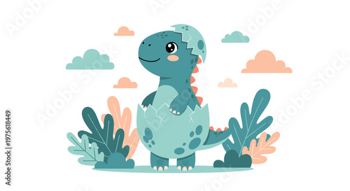 Cute baby dinosaur with a friendly smile hatches from a spotted egg surrounded by colorful clouds and stylized prehistoric plants.