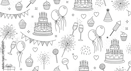 Black and white seamless doodle pattern features birthday celebration elements like cakes, balloons, cupcakes, and party decorations.
