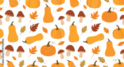 Autumn seamless pattern showcases orange pumpkins, brown mushrooms, and fallen maple leaves for seasonal Thanksgiving and fall decor.