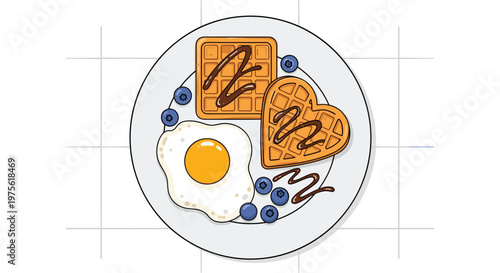 Healthy breakfast plate contains two square waffles with chocolate syrup, a sunny side up fried egg, and fresh blueberries on top.