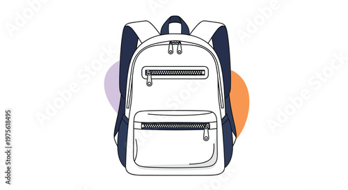 Stylish white and navy blue backpack features multiple zippered compartments and adjustable straps for school or outdoor activities.