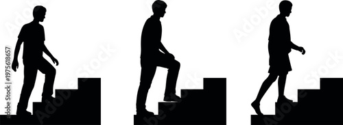 Silhouettes of people walking up stairs step by step, progress and growth concept, career development, achievement, success journey and improvement