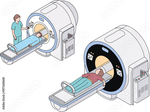 MRI machine illustration, isometric medical scanner with patient and technician modern healthcare imaging equipment clean blue and white design isolated