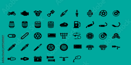 icon pack UI/UX of motorcycle maintenance and engine components featuring pistons, spark plugs, gears, suspension, brakes, and various mechanical motor parts