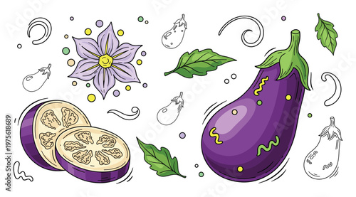Vibrant collection of purple eggplant vegetables, sliced aubergines, and blossoms with green leaves, perfect for cooking recipe guides, healthy food blogs, and agricultural presentations.