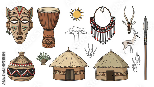 African culture and wildlife collection featuring tribal masks, drums, huts, gazelles, and traditional artifacts perfect for educational materials or decorative projects