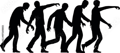 Zombie walking silhouettes set, creepy undead characters in motion, horror concept, spooky Halloween scene, scary figures and eerie movement illustration