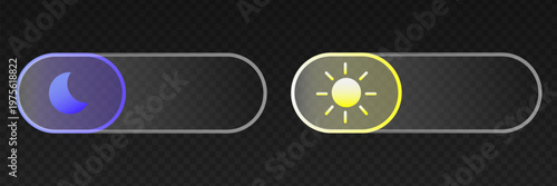Modern glass toggle switch with day and night mode icons. 3D UI element featuring sun and moon symbols for light and dark theme selection in mobile apps.
