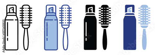 Hair care product and styling brush icon set for professional salon marketing and personal grooming product displays.