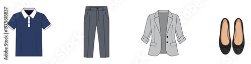 Professional workwear collection featuring a navy blue polo shirt, grey trousers, light blazer, and black ballet shoes suitable for business attire or smart casual style guides.