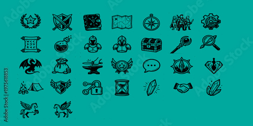 icon pack UI/UX of fantasy role-playing game elements including swords, shields, magic potions, dragons, treasure chests, maps, and medieval warrior equipment