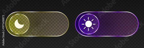 3D toggle slider with transparent effect for switching between dark and light themes. Sun and moon icons on round buttons. Modern UI elements for mobile applications and websites.
