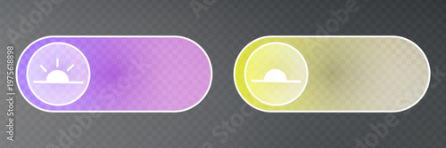 Night mode toggle with glass effect. Switch button set featuring day and light icons. 3D UI slider design for mobile apps with transparent elements and modern interface.