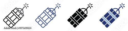 A dynamic set of stylized dynamite icons featuring a lit fuse in outline and solid variations, perfect for conveying urgency, danger, or explosive ideas in various digital and print