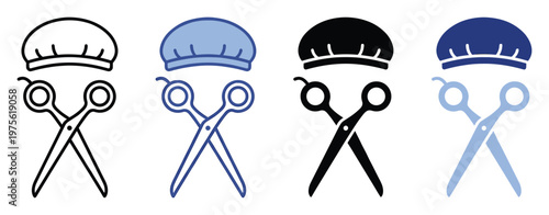 Professional hair cap and scissors icon set for barber shop branding, hair stylist services, salon advertisements, or personal grooming product packaging applications.