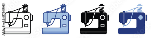 Minimalist sewing machine symbols in multiple color and outline variations ideal for graphic design projects web applications and apparel manufacturing presentations